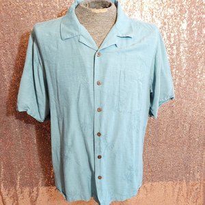 Havana Jack's Cafe Men's Light Blue 100% Silk Buttons Up Palm Tree Shirt XL